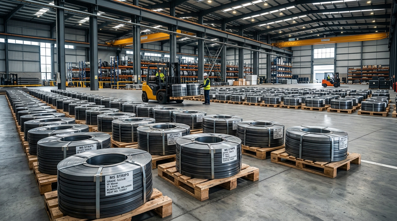 Mild Steel Slit Strips (MS Strips) and slit coils strapped on pallets in modern steel warehouse stockyard - Msstrips.com