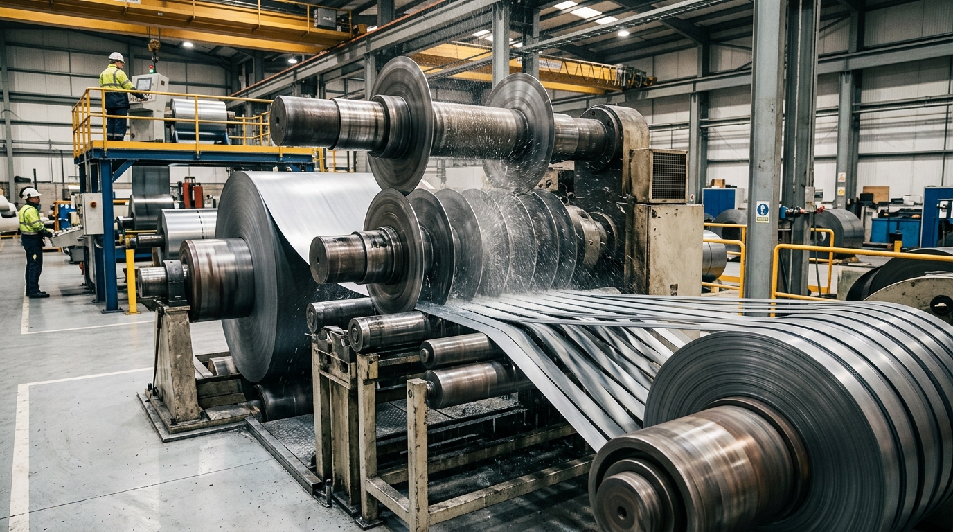 Rotary steel slitting line operating in steel processing plant decoiling master coil into multiple MS strips - Msstrips.com