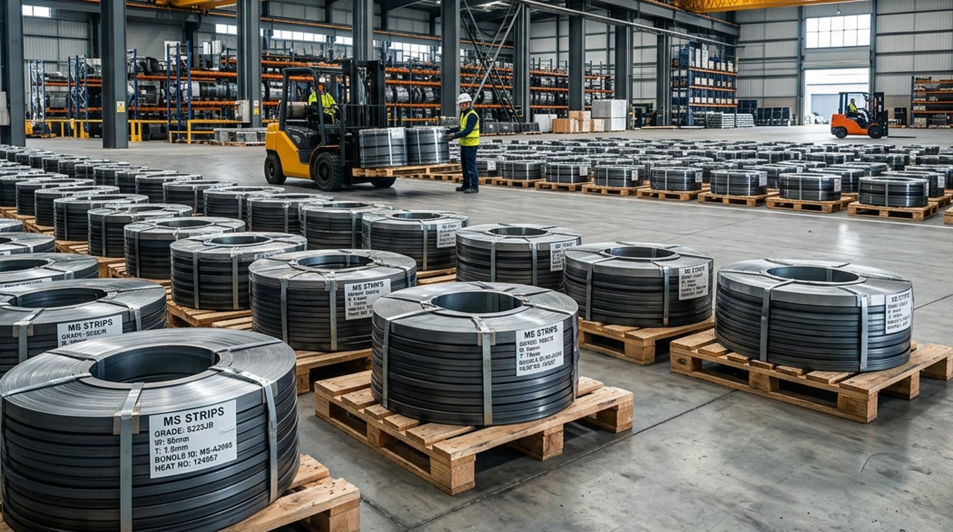 Strapped MS strip bundles and slit coils ready for multi-axle trailer loading and rapid Pan-India freight dispatch - Msstrips.com